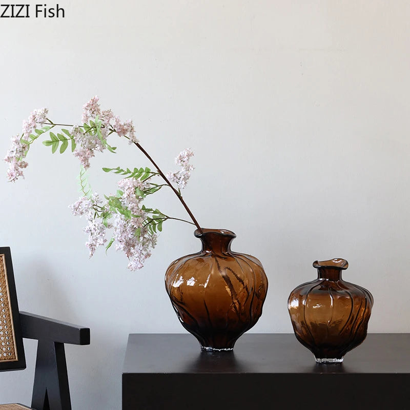 Translucent Brown Glass Vase Ornament Flower Arrangement Artistic Flower Vessels Hydroponic Vase Dried Flower Vases Crafts
