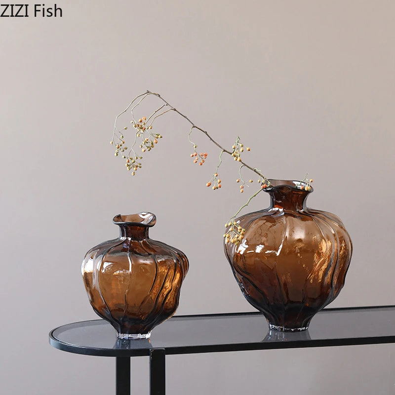 Translucent Brown Glass Vase Ornament Flower Arrangement Artistic Flower Vessels Hydroponic Vase Dried Flower Vases Crafts