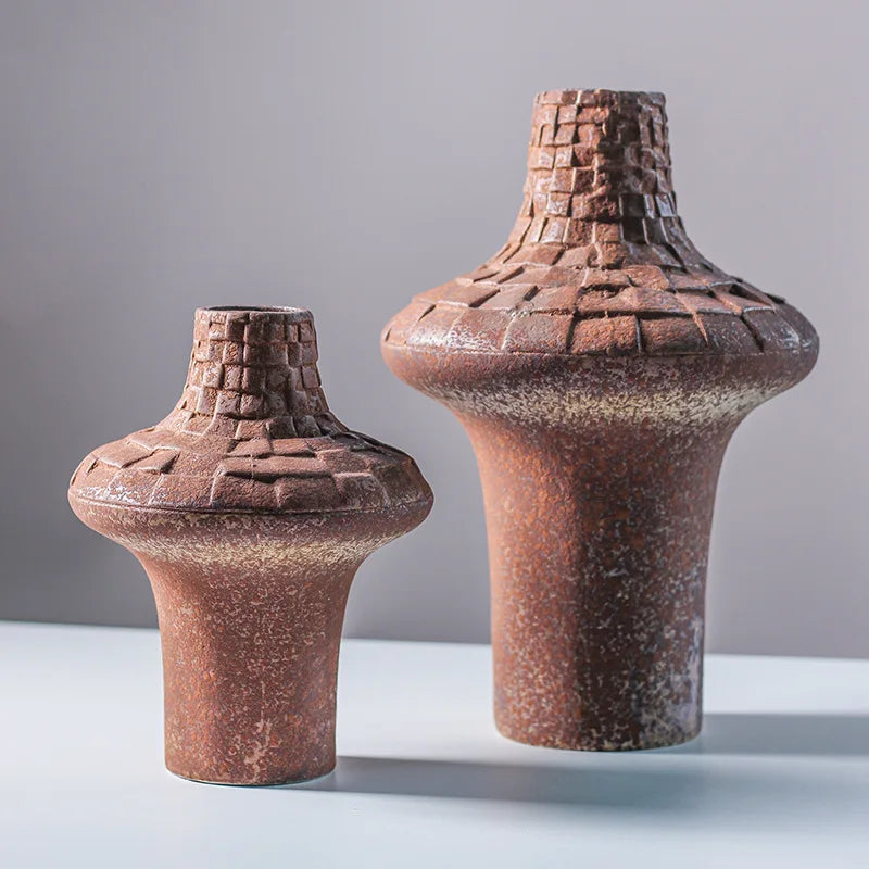 Ceramic Vase Coarse Pottery Handmade Plaid Pattern Pottery Clay Flower Vase Ceramic Art Ornaments Home Decoration Accessories