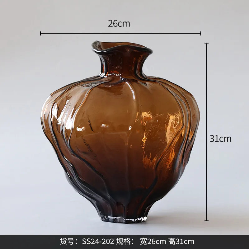 Translucent Brown Glass Vase Ornament Flower Arrangement Artistic Flower Vessels Hydroponic Vase Dried Flower Vases Crafts