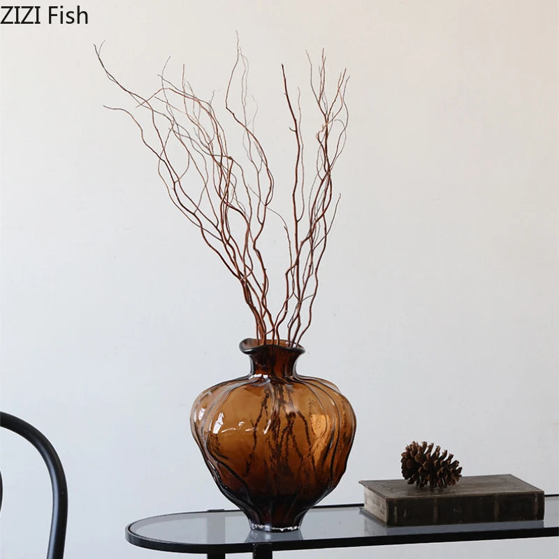 Translucent Brown Glass Vase Ornament Flower Arrangement Artistic Flower Vessels Hydroponic Vase Dried Flower Vases Crafts