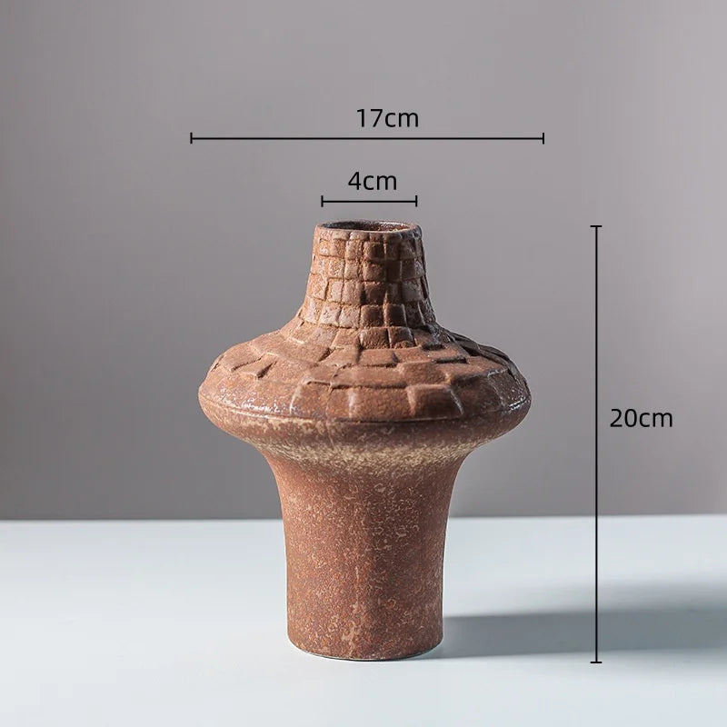 Ceramic Vase Coarse Pottery Handmade Plaid Pattern Pottery Clay Flower Vase Ceramic Art Ornaments Home Decoration Accessories