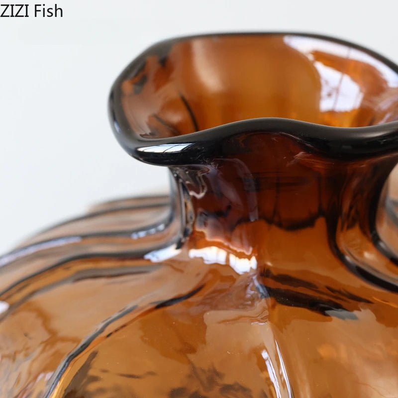 Translucent Brown Glass Vase Ornament Flower Arrangement Artistic Flower Vessels Hydroponic Vase Dried Flower Vases Crafts