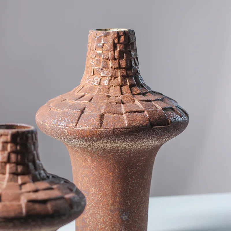 Ceramic Vase Coarse Pottery Handmade Plaid Pattern Pottery Clay Flower Vase Ceramic Art Ornaments Home Decoration Accessories