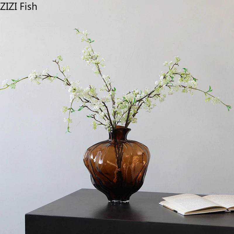 Translucent Brown Glass Vase Ornament Flower Arrangement Artistic Flower Vessels Hydroponic Vase Dried Flower Vases Crafts