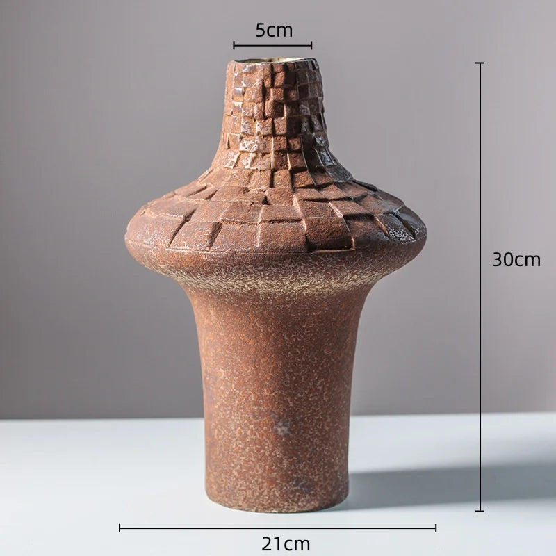 Ceramic Vase Coarse Pottery Handmade Plaid Pattern Pottery Clay Flower Vase Ceramic Art Ornaments Home Decoration Accessories